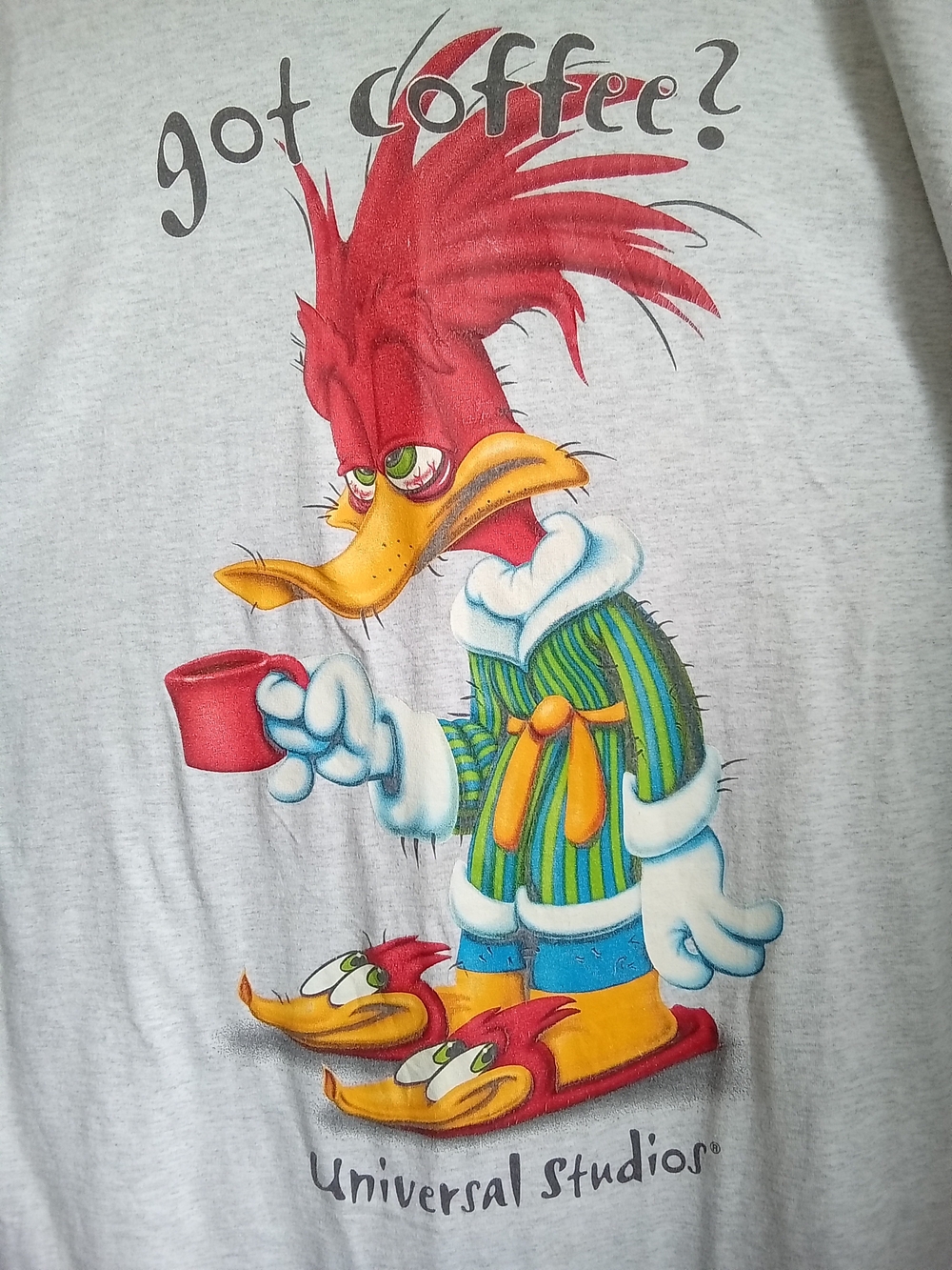 1998 Universal Studios Gray 'Got Coffee?' Woody Woodpecker Graphic Tunic